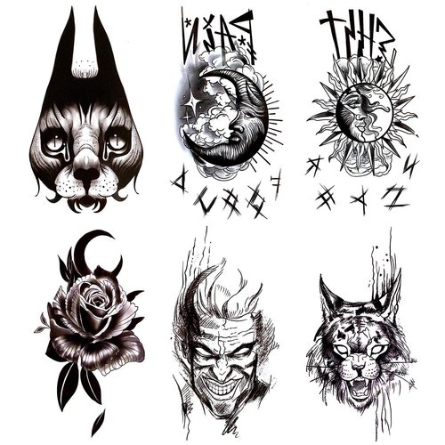 Oottati Waterproof 6 Sheets Back of Hand Fake Temporary Tattoo Stickers - Black Gothic Finger Letter Moon Sun Totem Clown Cat Horro Flower