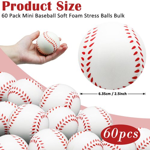 Oleitodh 60 Pcs Baseball Stress Ball, 2.5 Inch Mini Squeeze Foam Baseball Bulk, Baseball Squishy Balls for Kids, Relaxable Sports Ball for Themed Party Favors, Decoration, Anxiety Relief