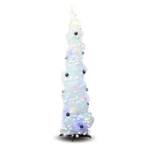 5FT Pop-Up Christmas Tree with 10-inch X 1.6 Feet Metallic Mesh Ribbon, Multi-Color 50 LED String Lights，10 Decorative Balls for DIY, Ideal for Indoor/Outdoor Christmas Decoration