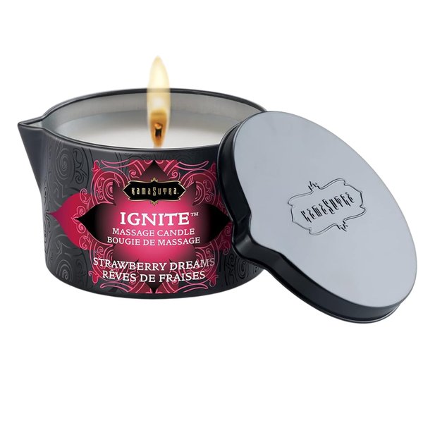 KAMA SUTRA Ignite Massage Candle - Coconut Oil and Soy Based - Strawberry Dreams, 6 oz/170 g Sore Muscle Massage Oil - Moisturizing - Natural Therapy Oil - Warming, Relaxing, Sensual Massage