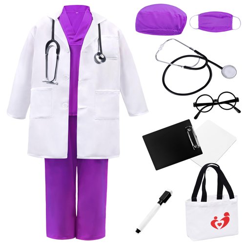 ZZIHAN Doctor Costume for Kids Doctor Lab Coat Costume Purple Doctor Nurse Scrubs Set Costume Veterinarian Costume Stethoscope Nursing Clipboards Boys Girls 8-9Y Brithday Party Halloween Dress Up
