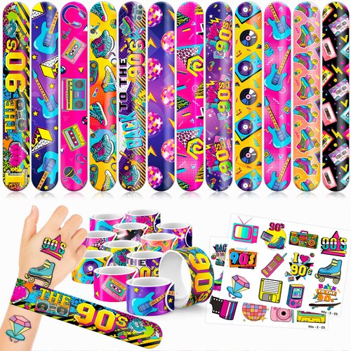 Cherisnowy 48 90s 24PCS 90s Temporary Tattoos Sticker 24PCS Slap Bracelets Perfect for Themed Birthday Party Favors Baby Showers or Classroom Rewards Ideal Decor and Gifts for Girls and Boys