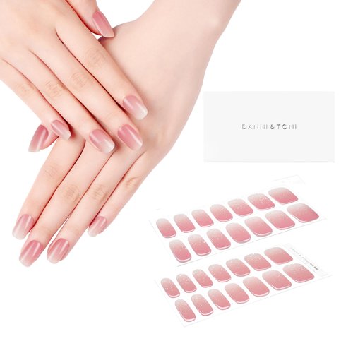 DANNI & TONI Semi Cured Gel Nail Strips Pink Ombre (Rosy Cheeks) French Gel Nail Stickers Glitters Glossy Nail Wraps 28 Stickers