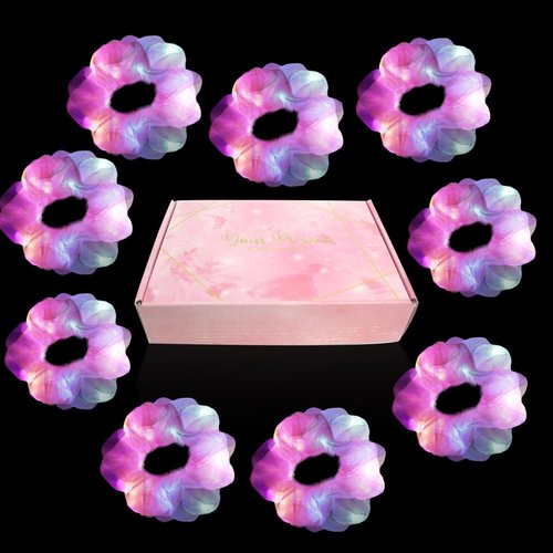 9 Pcs Light Up Scrunchies for Women, 3 Light Modes Led Hair Tie, Light Scrunchy for Girls, Glow Satin Elastic Bands Ponytail Holder Glow in the Dark Hair Accessories Neon Rave party supplies (Pink)