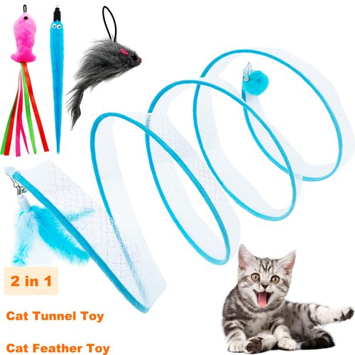 S Type Cat Tunnel Toy Folded Cat Tunnel Spring Toys, Cat Spring Toy Cat Spiral Tunnel Toy for Indoor Cats Play Exercise (Blue)