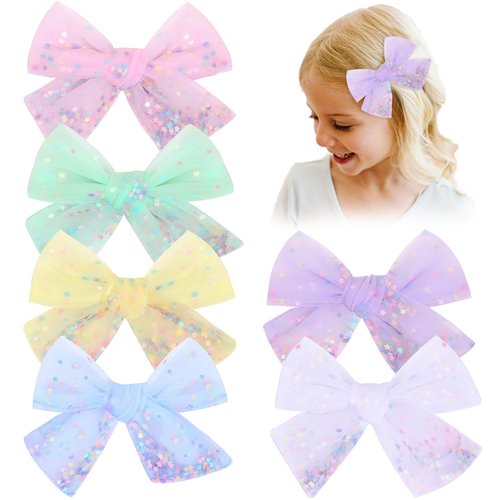 6 PCS Tulle Hair Bows for Girls, CN Toddler Bows with Glitter Star Alligator, Colorful Hair Barre...