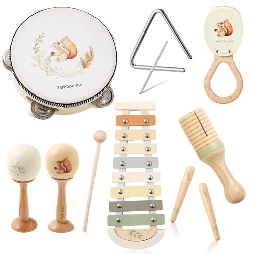 Baby Musical Instruments Set | Montessori Musical Toys for Toddlers 1-3 | Wooden Neutral Colors Percussion Instruments Set with Modern Boho Xylophone | Kids Preschool Educational Birthday Gifts