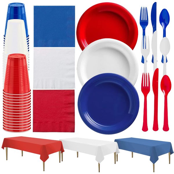 Nicole Fantini 411 PCS Combo American Flag Themed Red White and Blue Disposable Party Set 60 9'' Plastic Dinner Plates | Cups Paper Napkins 96 cutlery Spoons Forks & Knives 3 Rectangle Tablecloths