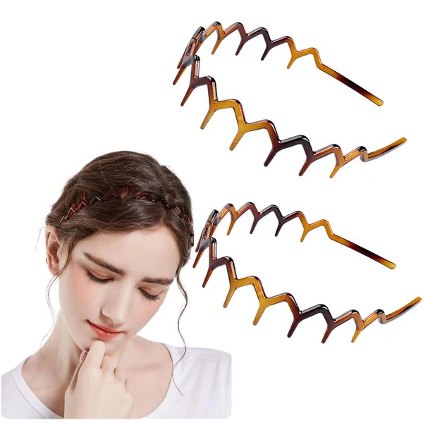Kayouhua 2 Sets Brown Zig Zag Headbands for Women,Plastic Zigzag Headband Shark Tooth Hair Comb Headband Hair Accessories for Women & Men Washing Face