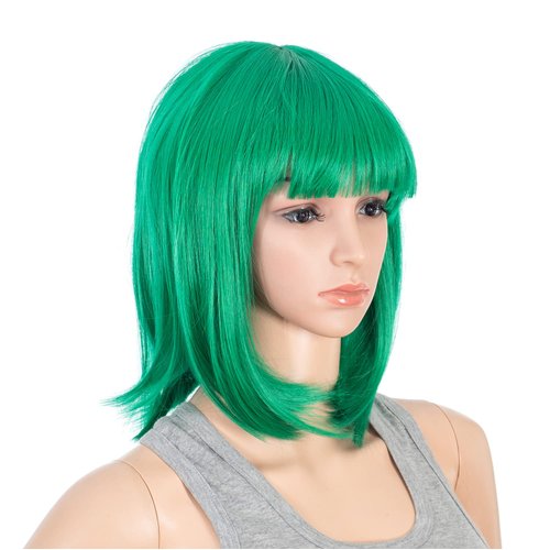 SWACC Short Straight Bob Wig with Bangs Synthetic Colorful Cosplay Daily Party Flapper Wig for Women with Wig Cap (Green)