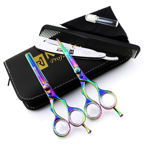 Macs Professional Titanium Barber Scissor Razors Edge Hair Cutting 5 PCs Set 6.25" Barber Shears W/ 6.25" Texturizing/Thinning Shears Made Of Japanese Stainless Steel With Black Leather Case-15029