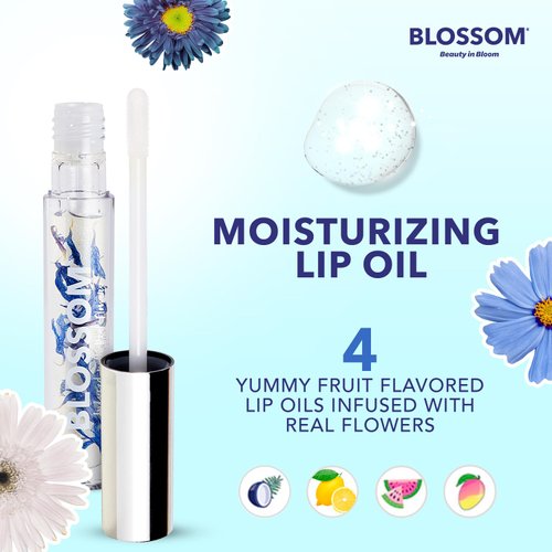 Blossom Lip Oil with Olive Oil + Grape Seed Oil, Moisturizing and Hydrating Shimmer Sparkle, Infused with Real Flowers, 3g, Coconut