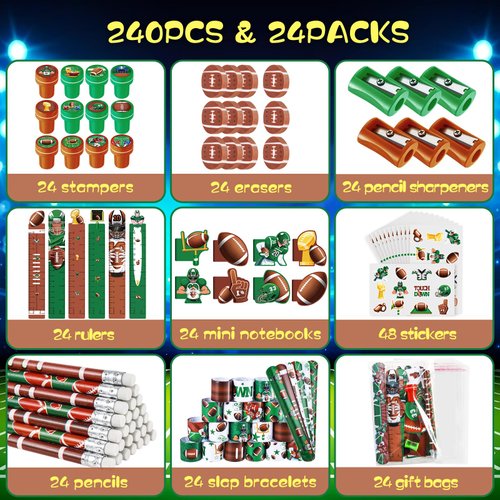 BenLouis 240Pcs Football Party Favors Sports Theme Party Pencils Stickers School Stationery Bulk for Kids Football Birthday Party Team Gift Goodie Bag Fillers Classroom games Rewards Supplies