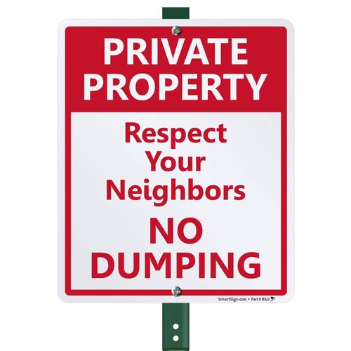 SmartSign 12 x 10 inch “Private Property - Respect Your Neighbors, No Dumping” Yard Sign with 3 foot Stake, 40 mil Laminated Rustproof Aluminum, Red and White, Set of 1, Made in USA