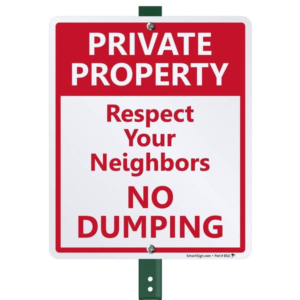 SmartSign 12 x 10 inch “Private Property - Respect Your Neighbors, No Dumping” Yard Sign with 3 foot Stake, 40 mil Laminated Rustproof Aluminum, Red and White, Set of 1, Made in USA