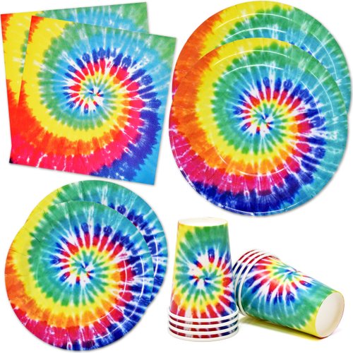 122 Pcs Tie Dye Party Supplies Paper Plate Cup Napkin for Colorful Bright Rainbow Colored Hippie ...