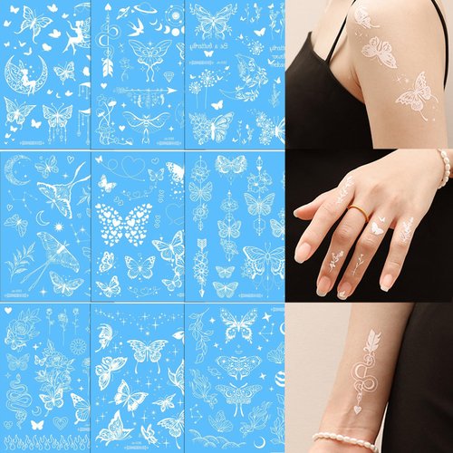 Coszeos White Butterfly Temporary Tattoos for Women Girls, 9Sheets Butterflies Wings Fake Flower Tattoo Stickers Waterproof for Face Eye Body Makeup Birthday Party Favors Gifts