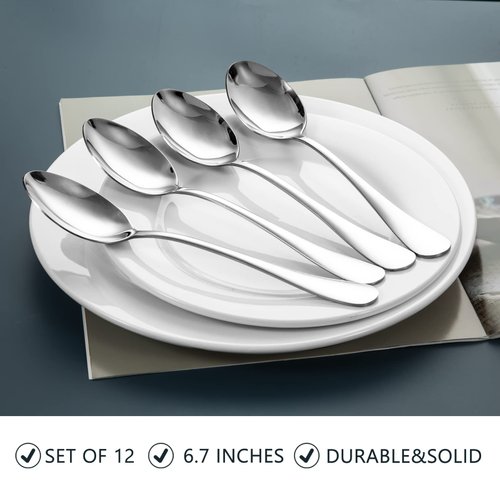 SANTUO Stainless Steel Teaspoon Set,12 Piece 6.7" Spoons Silverware,Dessert Spoons,Mirror Finish & Dishwasher Safe
