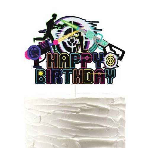 Laser Tag Happy Birthday Cake Topper,Glitter Neon Cake Decorations,Neon Shooting War Game Themed for Kids Boys Men Birthday Party Supplies.