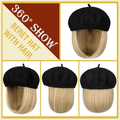 Lansigreen Hat Wig Beret Hat with Hair Extensions Classic French Wool Hat Attached 12" Straight Short Bob Hairpiece Synthetic for Women Light Blonde Mix Bleach Blonde