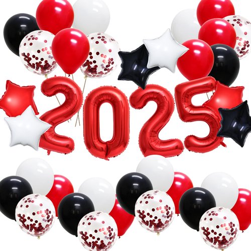 New Years Eve Party Supplies 2025, Class of 2025 Graduation Decorations, Red Black 2025 Party Balloons for Graduation Happy New Year Decorations Prom Night Birthday Anniversary Party