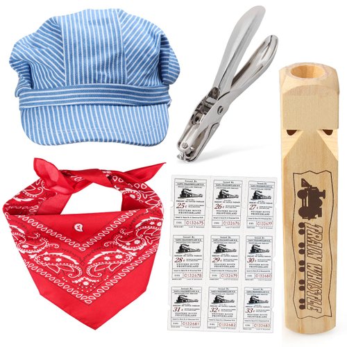Yewong Train Conductor Costume Set Engineer Cap Wooden Train Whistle Paisley Bandanna for Halloween Dress up Train Party Favors (Set A)