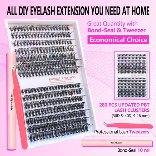 Lash Extension Kit 280pcs 9-16mm 30-40D D Curl Lash Clusters Kit - DIY Individual Eyelash Extension Kit with Lash Bond and Seal,Tweezers - Volume Eyelash Clusters Kit for Beginners(30D&40D KIT)