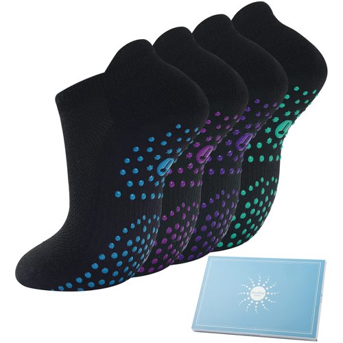 Grip Socks for Pilates, Yoga, Hospital, Barre, Cushioned Ankle Sports Socks Women Non Slip Slipper Socks Gifts 4 Pairs Black