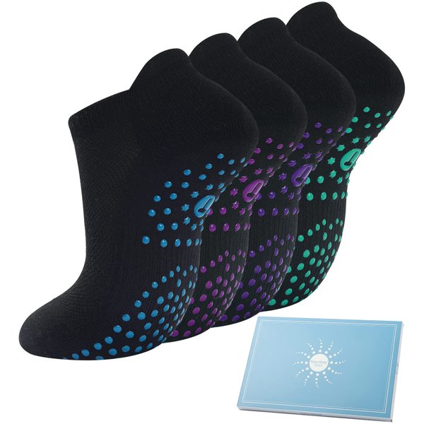Grip Socks for Pilates, Yoga, Hospital, Barre, Cushioned Ankle Sports Socks Women Non Slip Slipper Socks Gifts 4 Pairs Black