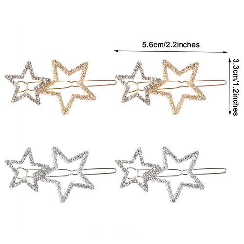 Teaaha 4PCS Star Hair Clips, Metal Hair Barrettes with Rhinestone in Silver & Golden, Hairpin for Women Girls Ladies Thick Hair Styling Accessories