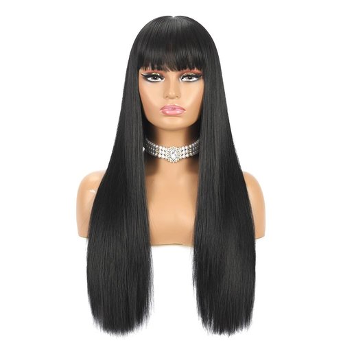 Long Straight Wig with Bangs Natural Black Wigs for Women Fashion Silky Soft Smooth Remy Hair Heat Resistant Fiber Synthetic Wig Machine Made Glueless Full Wig 24 Inch Regular Everyday Wig