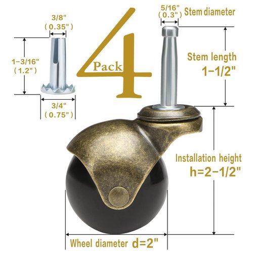 JGJC 2 inch Swivel Stem Ball Caster Wheels, Antique Furniture Casters Set of 4 with Socket, Solid Brass Casters with Stem (5/16" x 1-1/2"), Vintage Caster Wheels for Furniture, Desk, Chair, Trolley