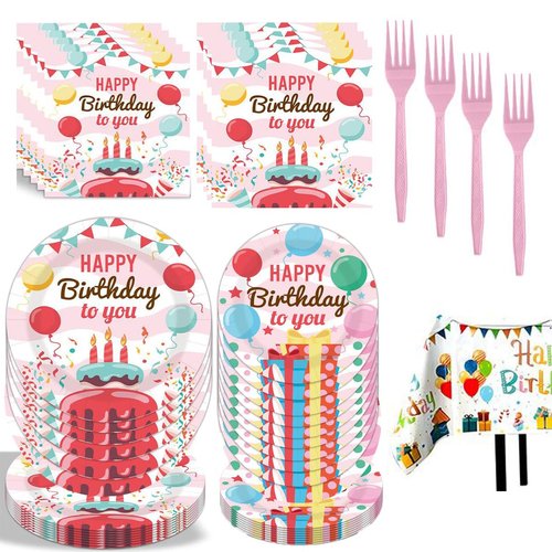 Happy Birthday Party Supplies Set,Birthday Party Decorations Tableware, Plates, Napkins, Tablecloth, Forks, Color Balloons Stars Happy Birthday Theme Table Decorations for Guests Baby Shower (81 Pcs)