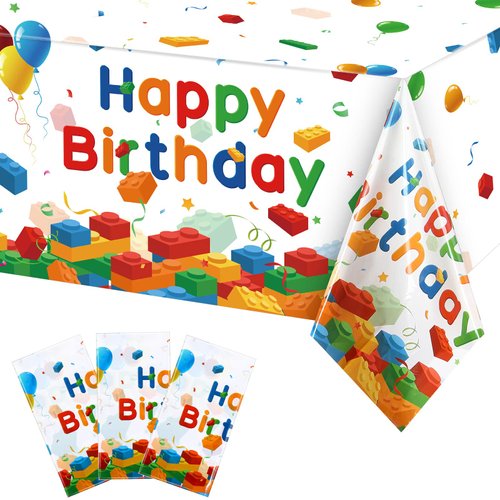 Tiamon 3 Pcs Blocks Tablecloth Plastic Happy Birthday Blocks Table Cover Disposable Colorful Bricks Table Cloth for Boys Girls School Home Blocks Theme Parties Decor Supplies,108 x 54 Inch(White)