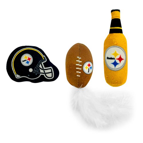 BEST PLUSH CAT TOY NFL PITTSBURGH STEELERS Complete Set of 3 piece Cat Toys filled with Fresh Catnip. Includes: 1 Helmet Cat Toy, 1 Football Cat Toy with Feathers & 1 Beer Bottle. Beautiful Team LOGOS