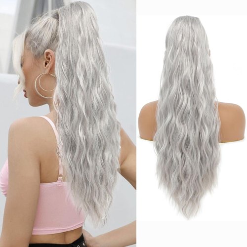 BOSDIOS Ponytail Extension,24 Inch Drawstring Ponytail Hair Extensions for Women Grey/Silver/White Mixed Long Wavy Clip in Pony tails Hair Extensions Fake Hair Synthetic Hair pieces for Women