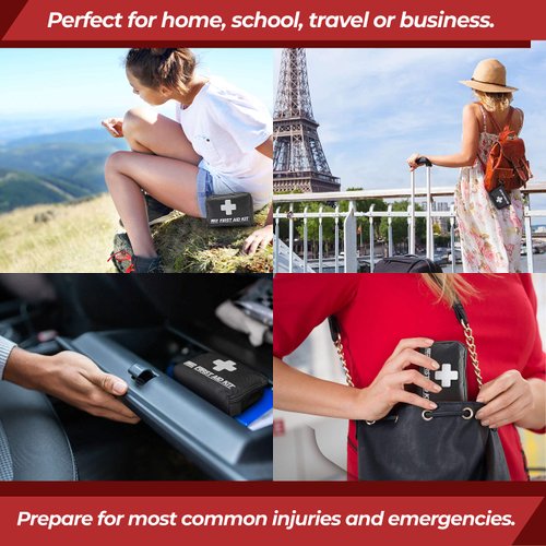 M2 BASICS Compact 150 Piece First Aid Kit w/Carabiner, Emergency Blanket | Medical Survival Bag | Full of Supplies for Home, Office, Outdoors, Car, Camping, Travel