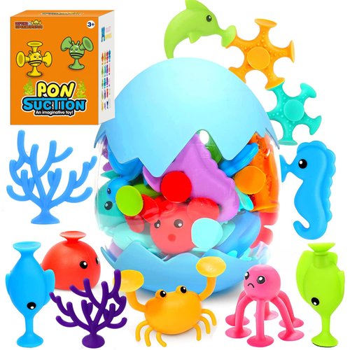 Suction Bath Toys 30pcs for Kids - Fine Motor Window Toys, Silicone Ocean Animal Suction Cup Toys with Dinosaur Eggshell, Sensory Travel Toys for Toddlers, Great for Autism/ADD/ADHD.