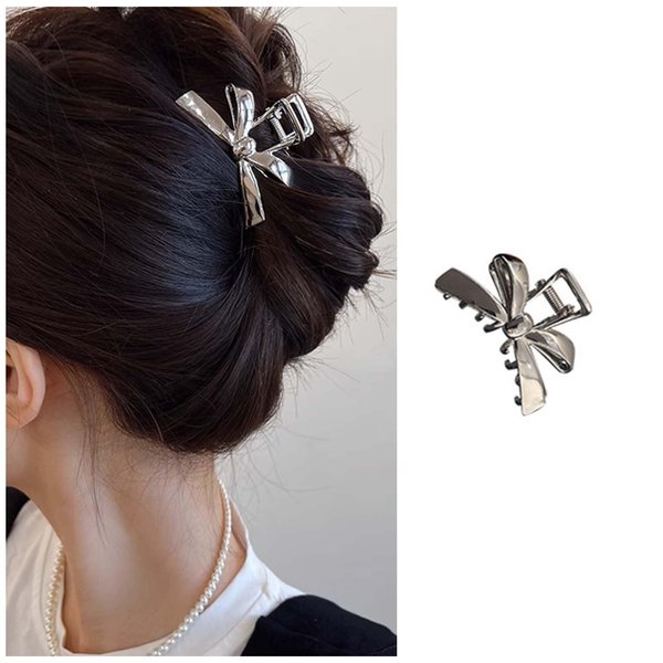 Iaceble Silver Bowt Hair Claw Clip Metal Bow Hair Clip Claw Clamp Medium Hair Claw Non Slip Hairclip Bowknot Hair Jaw Clip Barrette Decorative Hair Accessories for Women and Girls Headdress