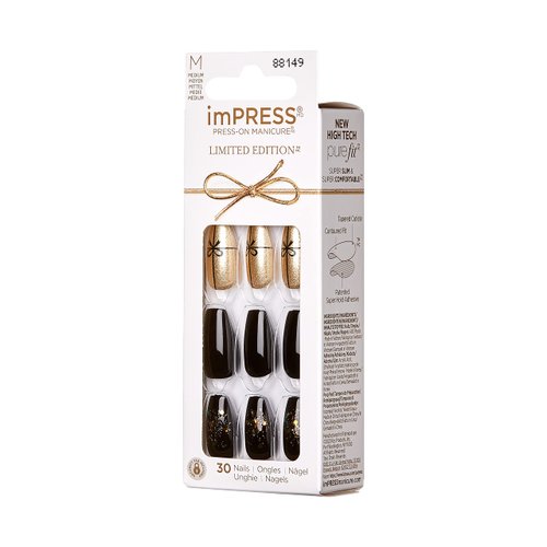 KISS imPRESS Limited Edition Holiday Press-On Manicure with PureFit Technology, Medium Length, Coffin Shaped, Black Press-On Nails, Style 'Naughty or Nice’