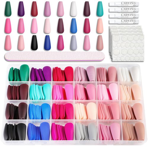 Press On Nails - LADYING 576 Pcs Medium Length T Shape Fake Nails with Nail Glue,Matte Press On Nails Full Cover Acrylic False Nail Art,24 Color Stick On Nails With Four (6g) Nail Glue for Nail DIY,One Nail File and Four Adhesive Tabs