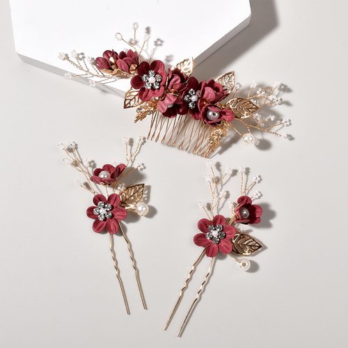 Bridal Hair Combs, Wedding Hair Comb Set Crystal Flower Hair Clips Bride Bridesmaid Hair Sides Comb Rhinestone Barrettes, Pearl Flower Hair Pins Hair Accessories for Women Girls (Wine Red)
