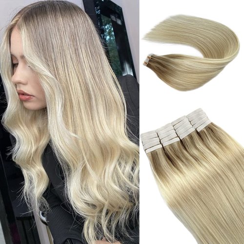 Tape in Hair Extensions Color Beige Blonde Mix Medium Blonde to Platinum Blonde Tape in Extensions Real Human Hair 18 Inch 50g/20pcs Highlight Hair Extensions Tape Ins Hair Extensions for Women