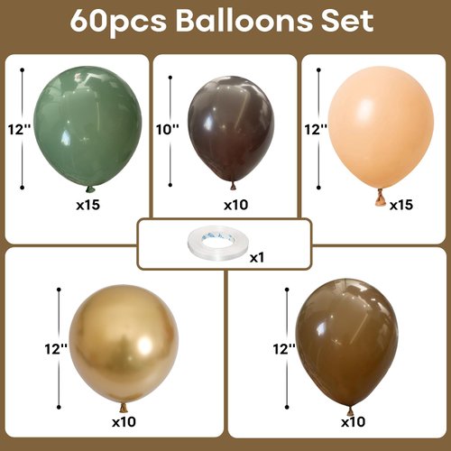 Green and Brown Balloons, 60 PCS Sage Green Gold Brown Latex Balloons Woodland Camo Army Olive Green Dark Brown Coffee Nude Gold Party Balloon for Jungle Safari Woodland Hunting Birthday Decorations