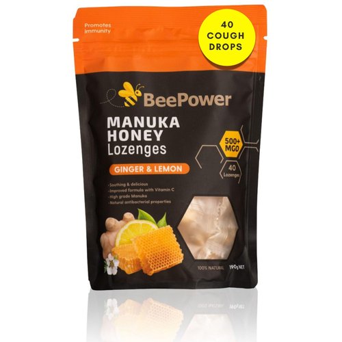 BeePower All Natural Manuka Honey Lozenges | Cough Drops For Soothing Dry, Sore Throat | Contains 40 Lozenges Ginger Lemon Flavor | MGO 500+ 6.7 Oz