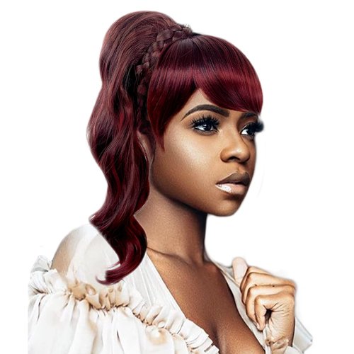 VAVANGA 16inch Loose Deep Wave Ponytail with Bangs, Synthetic Ombre Wine Red Color China Bang Attached Ponytail Clip-in Hair Extensions for Black Women(16", T1BBUG#)