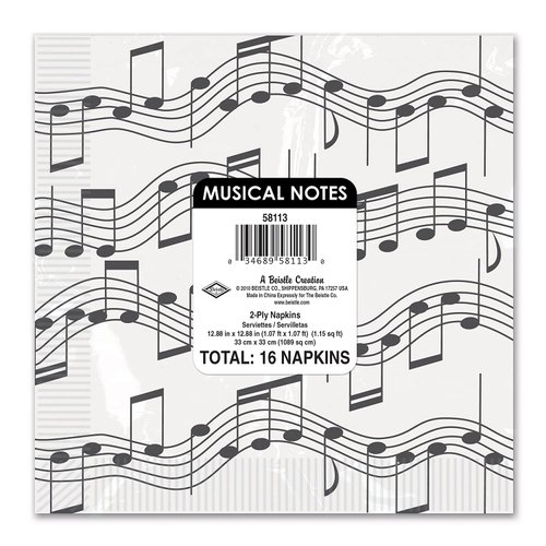 Beistle 16 Piece Disposable Musical Notes Paper Lunch Napkins 1950’s Rock and Roll Party Supplies Birthday Tableware, 6.5" x 6.5", Black/White