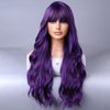 WTHCOS Dark Purple Long Curly Wavy Hair Wig for Women With Bangs Purple Wig Heat Resistant Synthetic Hair Wigs for Daily Use Cosplay Wig With Wig Cap