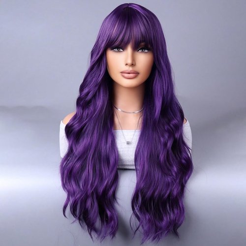 WTHCOS Dark Purple Long Curly Wavy Hair Wig for Women With Bangs Purple Wig Heat Resistant Synthetic Hair Wigs for Daily Use Cosplay Wig With Wig Cap