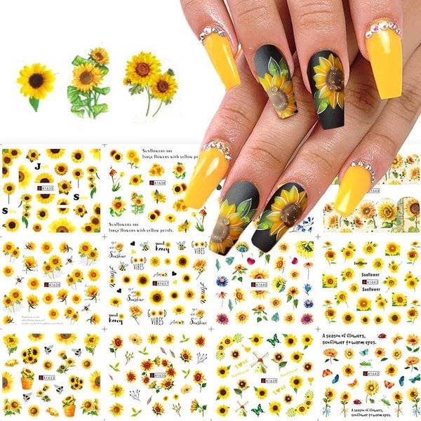 Sunflower Nail Stickers Floral Flower Nail Art Water Decals Transfer Foils for Nails Supply Watermark Small Daisy Flowers Designs Nail Tattoos for Women Nail Supplies Manicure Decorations 12PCS